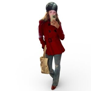 Esprit Red Double-Breasted Wool Blend Women's Structured Short Trench Coat szM